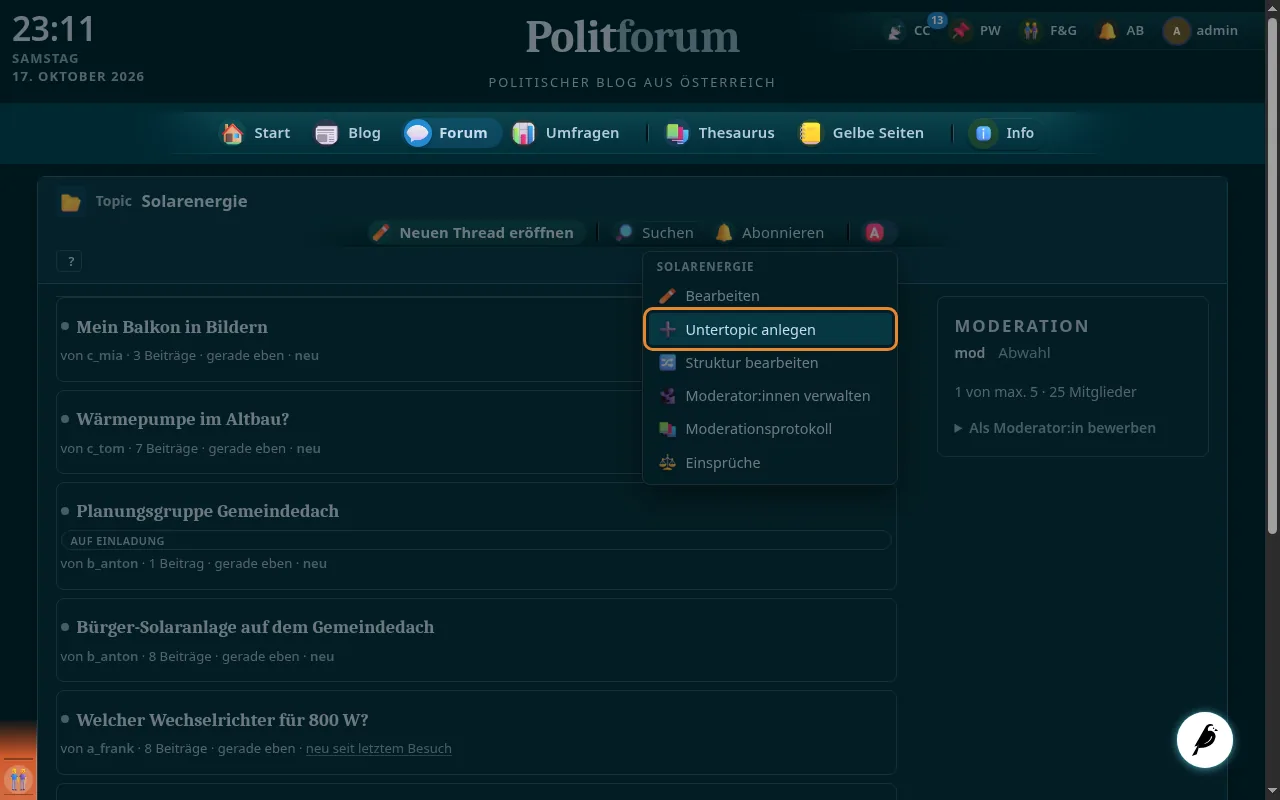 So sieht es aus: + Topic / Untertopic anlegen