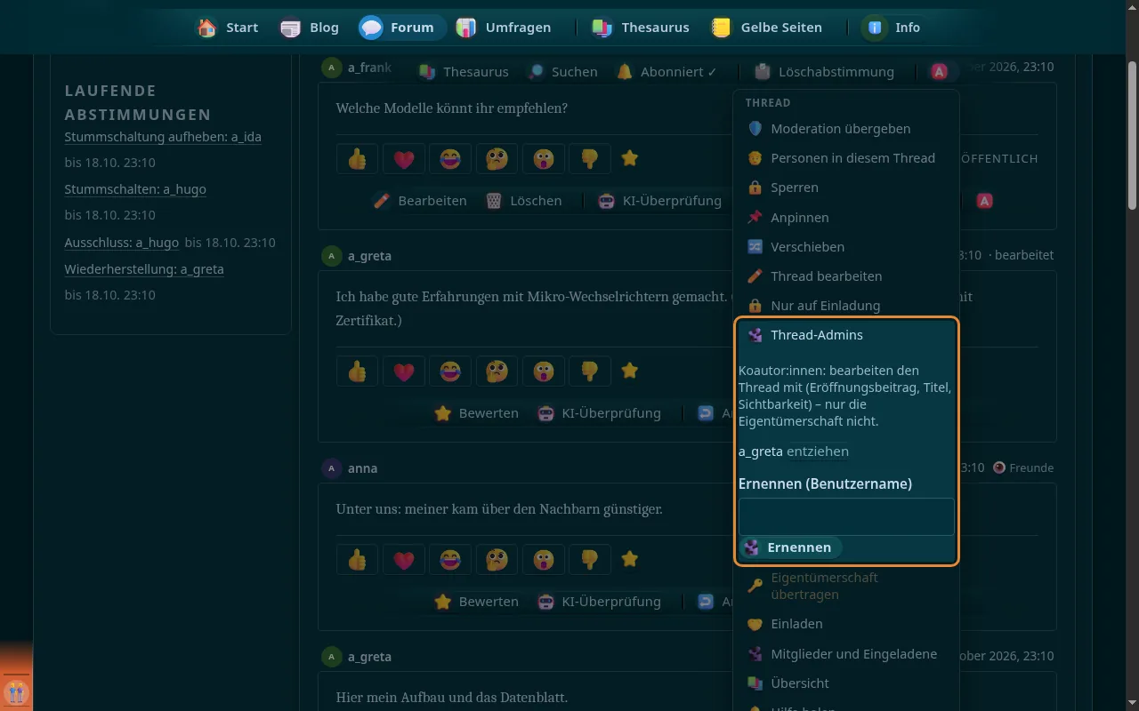 So sieht es aus: Thread-Admins ernennen