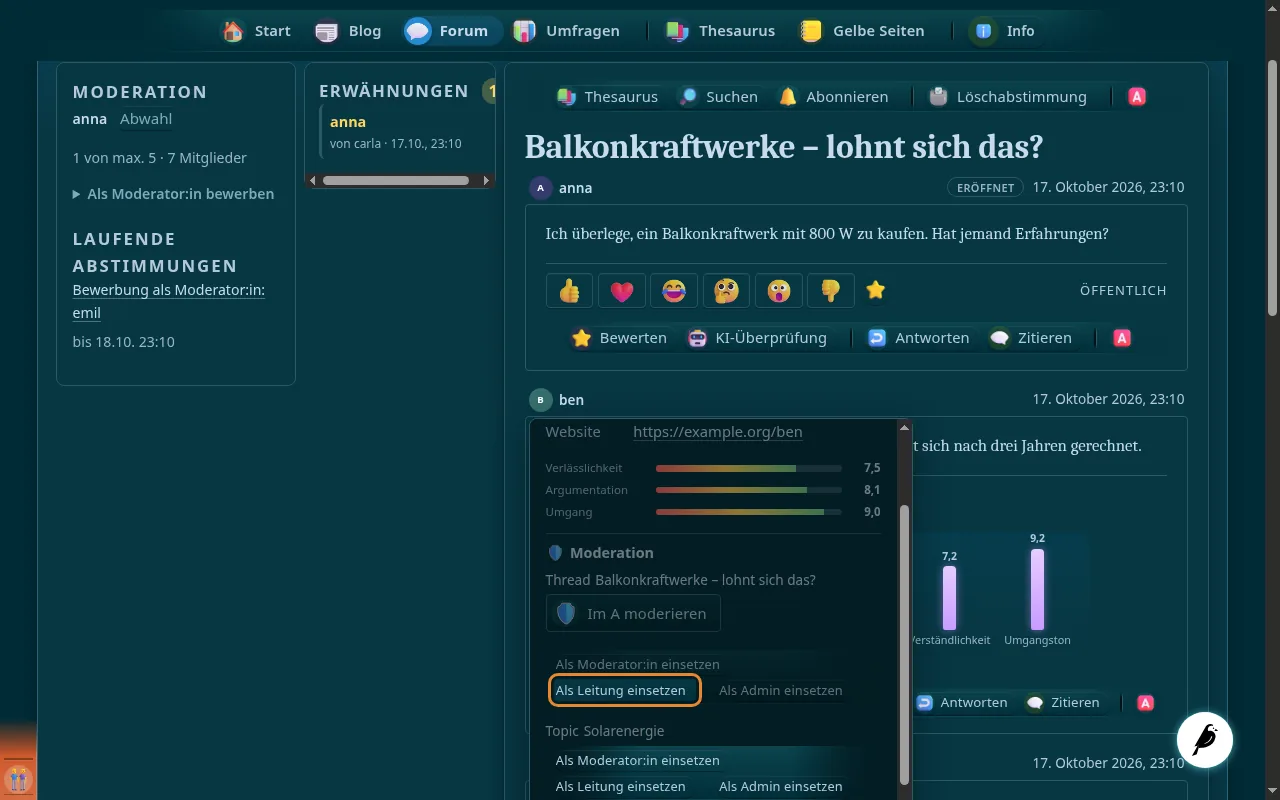 So sieht es aus: Leitung und Admin vergeben