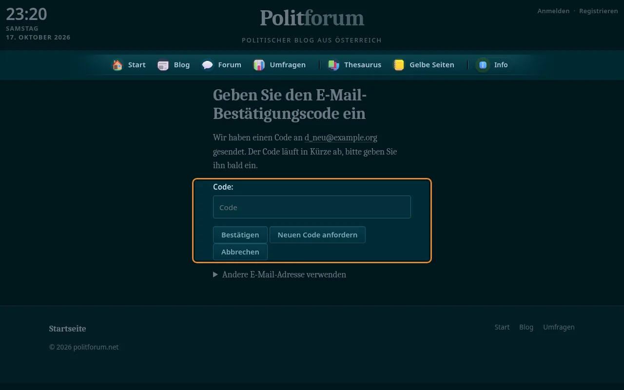 So sieht es aus: Bestätigung per Code