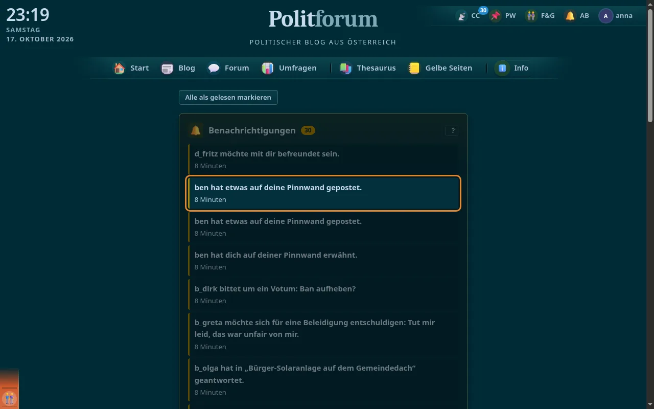 So sieht es aus: Benachrichtigungen zur Pinnwand