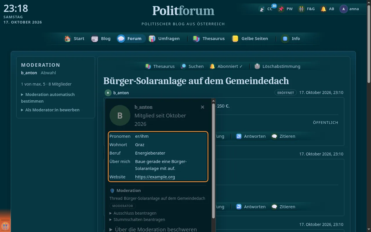 So sieht es aus: Angaben und Diskussionsprofil