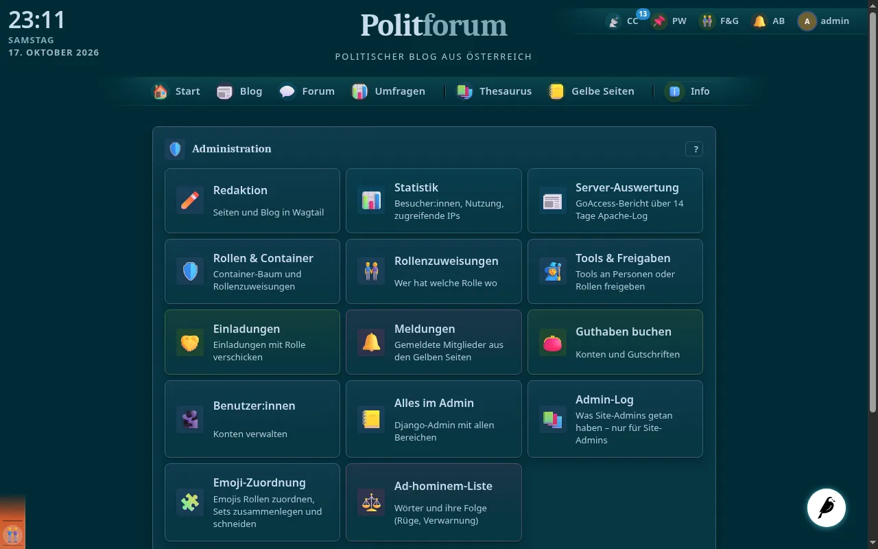 So sieht es aus: Administration